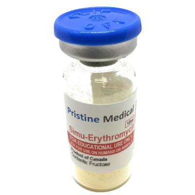 A small, clear glass vial containing a pale yellow powder sits on a white surface. The vial is capped with a blue lid and labeled "Pristine Medical Simu-Erythromycin." The label further specifies "FOR EDUCATIONAL USE ONLY, NOT FOR USE ON HUMANS OR ANIMALS," and lists the contents as "Fructose."