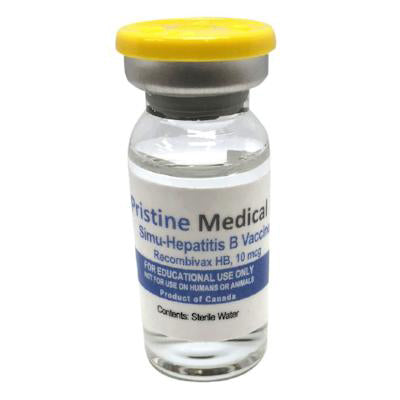 A small, clear vial containing sterile water sits against a white background. The vial is labeled “Pristine Medical Simu-Hepatitis B Vaccine Recombivax HB, 10 mcg,” and indicates it’s for educational use only.