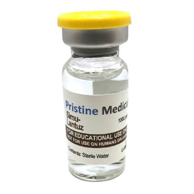 A vial containing a clear liquid sits against a white background. The vial is labeled “Pristine Medica Simu-Lantuz 100,” with additional text indicating educational use only and that it is not for use on humans or animals. The contents are listed as sterile water.