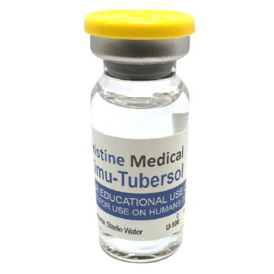 A small, clear glass vial contains a liquid; it's labeled “Pristine Medical Immu-Tubersol,” marked for educational use, not for humans, and contains sterile water. U-100 is also printed on the label.