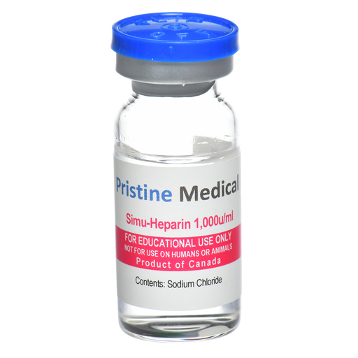 A clear glass vial, containing a liquid, sits against a black background. The vial is labeled "Pristine Medical Simu-Heparin 1,000u/ml," with additional text indicating it's for educational use only, not for humans or animals, and contains sodium chloride.