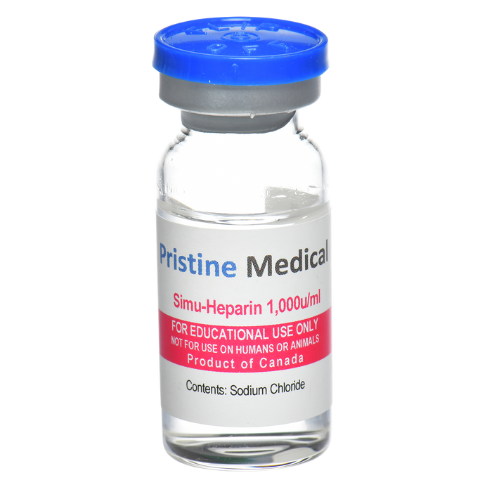 A clear glass vial, containing a liquid, sits against a black background. The vial is labeled "Pristine Medical Simu-Heparin 1,000u/ml," with additional text indicating it's for educational use only, not for humans or animals, and contains sodium chloride.