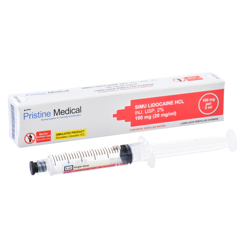 Simu Lidocaine HCl, 5ml Prefilled Syringe
A prefilled 5ml syringe containing simulated lidocaine lies next to its packaging; both are for educational purposes only. The box indicates the contents are 100mg (20mg/ml) of Simu Lidocaine HCL.