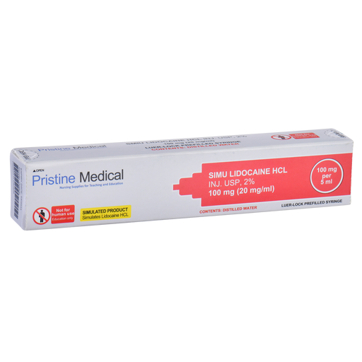 A Pristine Medical simulated Lidocaine HCL injection box rests on a surface. It's a simulated product for educational purposes only, containing 100mg of the substance in a 5ml Luer-lock prefilled syringe.