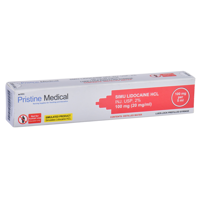A Pristine Medical simulated Lidocaine HCL injection box rests on a surface. It's a simulated product for educational purposes only, containing 100mg of the substance in a 5ml Luer-lock prefilled syringe.