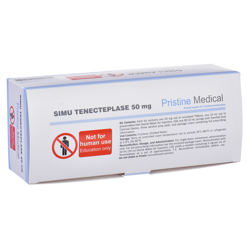 A Pristine Medical box sits on a surface. The box contains educational materials. It is labeled "Not for human use. Education only". The company's email and toll-free number are also printed on the box.