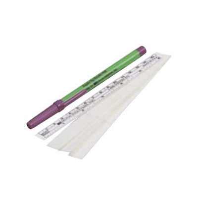A purple and green marker lies atop a ruler and several white, thin strips; all items are arranged on a white background.