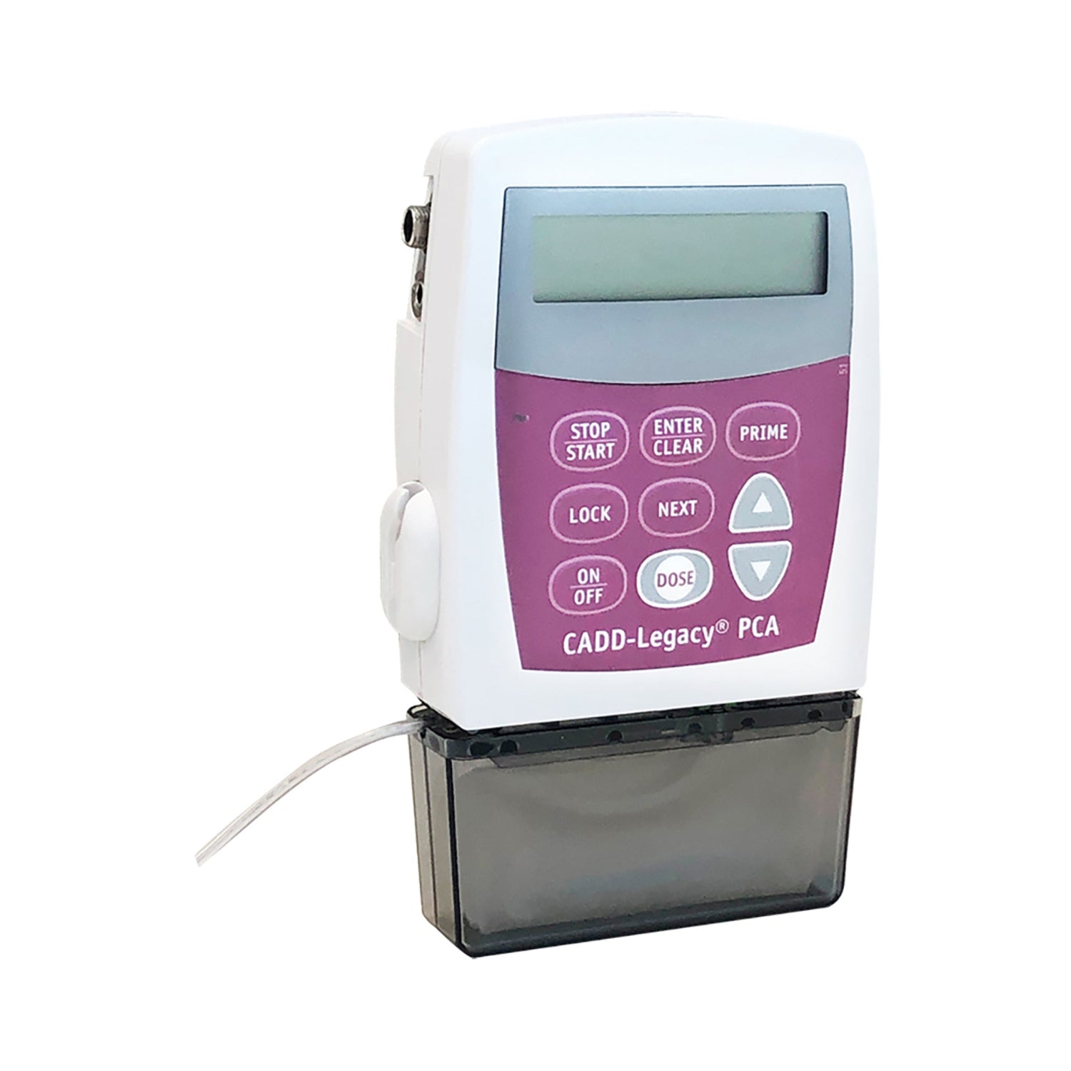 A CADD-Legacy PCA pump, displaying various controls including Stop/Start, Enter/Clear, Prime, Lock, Next, On/Off, and Dose buttons, sits on a white background.