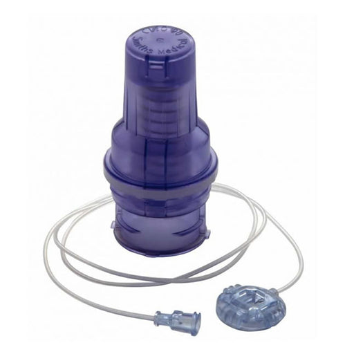 A purple, transparent medical device, possibly a pressure regulator, sits connected to a thin tube on a white background. The top reads "CV-00 Smiths Medical".
