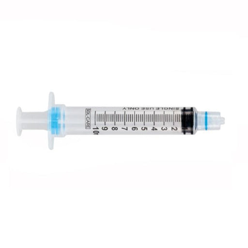 A single-use, 10ml Sol-Care syringe rests on a white background. The syringe is clear, with black markings indicating milliliter measurements.