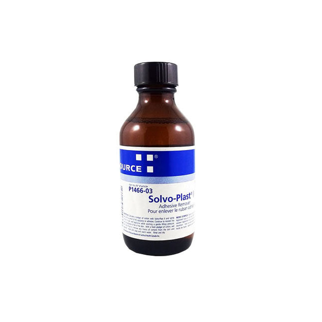 A brown bottle of Solvo-Plast adhesive remover sits on a white background. P1466-03 is printed on the label.