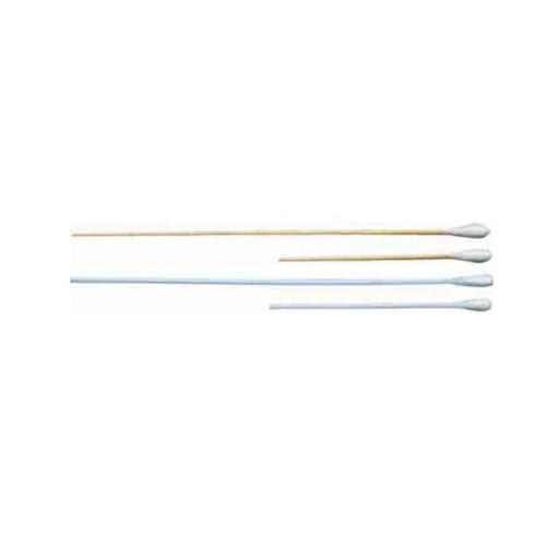 Cotton swabs of varying lengths are arranged horizontally against a white background. Two are wooden, two are plastic.