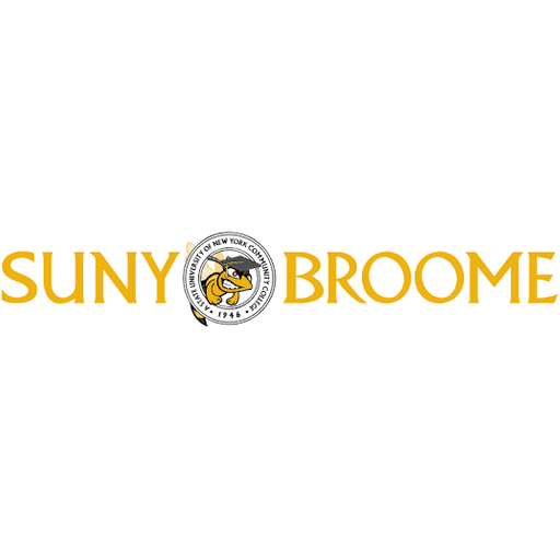 The SUNY Broome logo displays "SUNY BROOME" in gold lettering, with a circular emblem featuring a hornet wearing a graduation cap between the words. The emblem contains the text: "UNIVERSITY OF NEW YORK COMMUNITY COLLEGE • 1946 •".