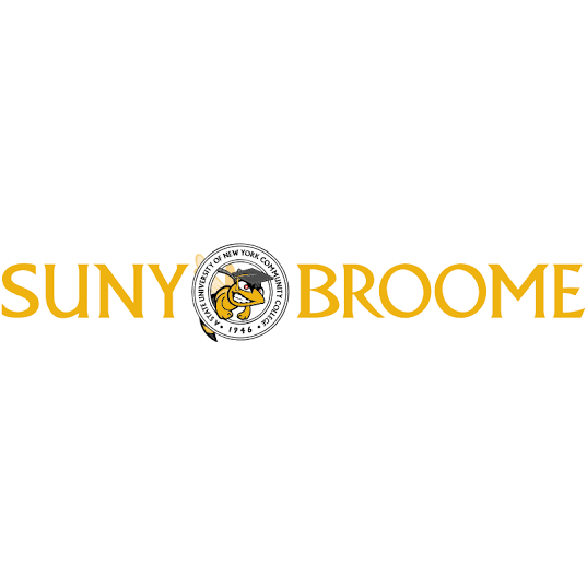 A SUNY Broome Community College logo displays against a white background. The words "SUNY BROOME" are in gold lettering. A circular emblem, featuring a wasp wearing a graduation cap, is positioned between the words. The emblem's text reads: "UNIVERSITY OF NEW YORK COMMUNITY COLLEGE • 1946 •".