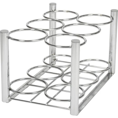 A chrome rack holds twelve cylindrical containers. It provides storage, likely in a commercial or industrial setting.