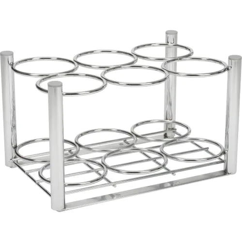 A chrome rack holds twelve cylindrical containers, likely for storage or display, on a flat surface.