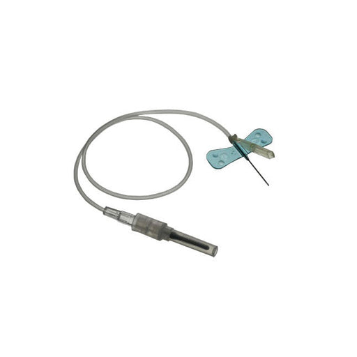 A winged infusion set, connected to a needle, lies on a white background.