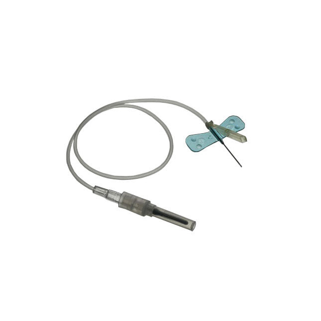 A winged infusion set, connected to a needle, lies on a white background.