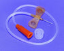 A winged infusion set lies on a purple surface; its components include a needle, a translucent tube, and an orange connector.