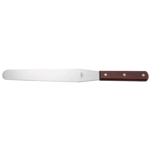 A metal spatula with a dark brown wooden handle rests on a plain white background.