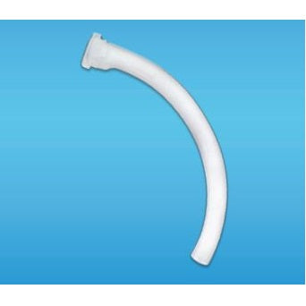 A white, curved plastic tube, possibly medical, is shown against a light-blue background.