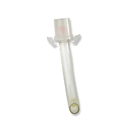 A clear plastic tube, curving gently downwards, features a filter at its top; it sits against a white background.