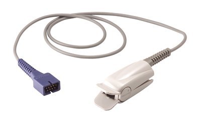 A finger pulse oximeter clip rests on a white background; a gray cord extends from it, terminating in a connector.