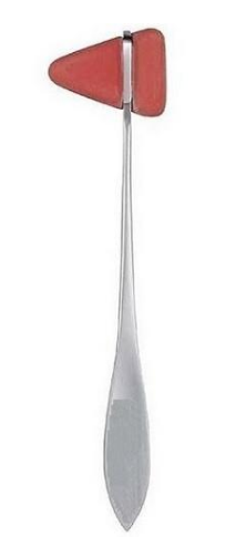 A red-headed reflex hammer stands upright against a white background.
