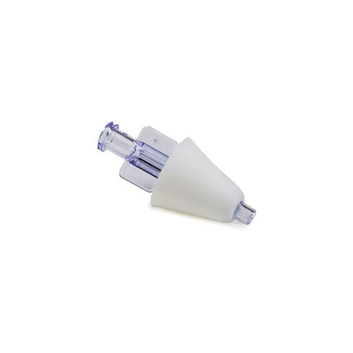 A medical connector, comprised of a clear plastic piece and a white cone, rests on a white background.