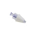 A medical connector, comprised of a clear plastic piece and a white cone, rests on a white background.