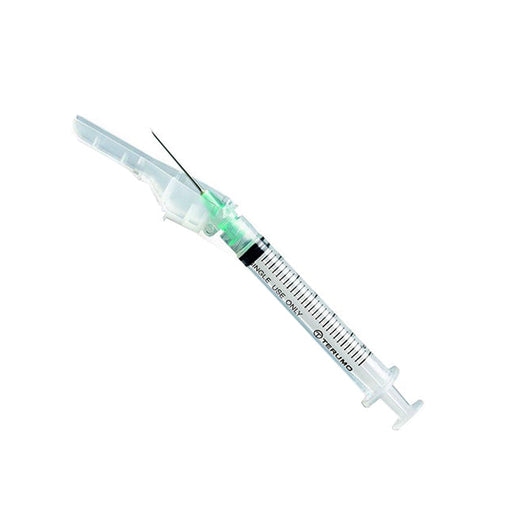 A syringe with a needle rests on a white background. The syringe is labeled "SINGLE USE ONLY" and "TERUMO".