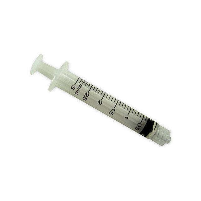 A clear plastic syringe rests on a white background; it is empty and features milliliter markings from 0.5 to 3.