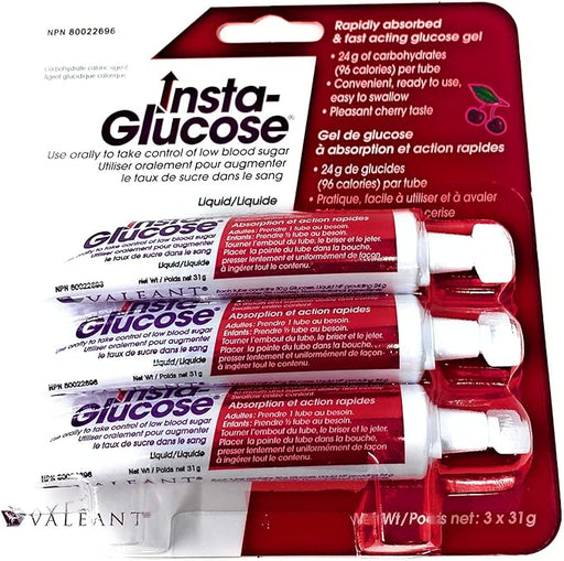 Three glucose gel tubes; ready-to-use oral treatment for low blood sugar; packaged together.