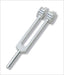 A silver tuning fork rests on a white background. The fork's tines have weighted ends. "128 Hz" is engraved on its stem.