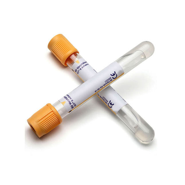 Two BD Vacutainer SST II Advance tubes, lying crossed, contain a clear liquid. The tubes have orange caps and white labels with CE marking and product information.
