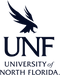 A stylized eagle is above the letters UNF, which is stacked above “UNIVERSITY of NORTH FLORIDA” in a dark blue color against a black background.