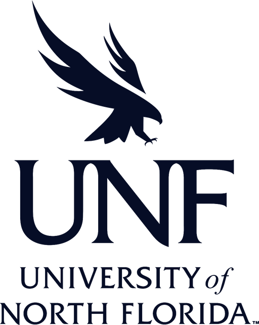 A stylized eagle is above the letters UNF, which is stacked above “UNIVERSITY of NORTH FLORIDA” in a dark blue color against a black background.