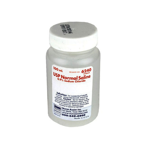 A 100 mL bottle of sterile USP Normal Saline (0.9% Sodium Chloride) sits on a white background. The label provides indications, cautions, and manufacturer information.