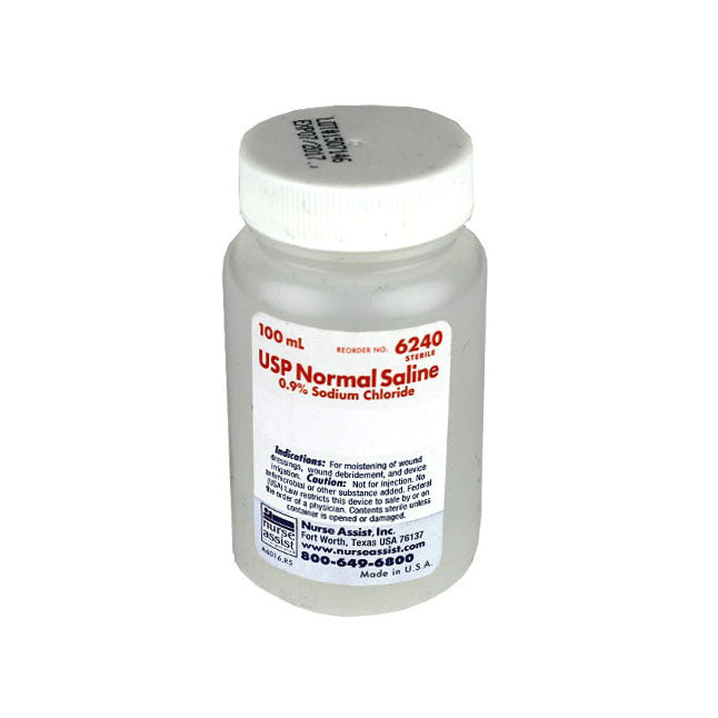 A 100 mL bottle of sterile USP Normal Saline (0.9% Sodium Chloride) sits on a white background. The label provides indications, cautions, and manufacturer information.