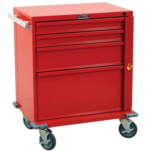 A red metal tool cabinet sits on four wheels. It has four drawers and a large bottom compartment, and a handle on the side.