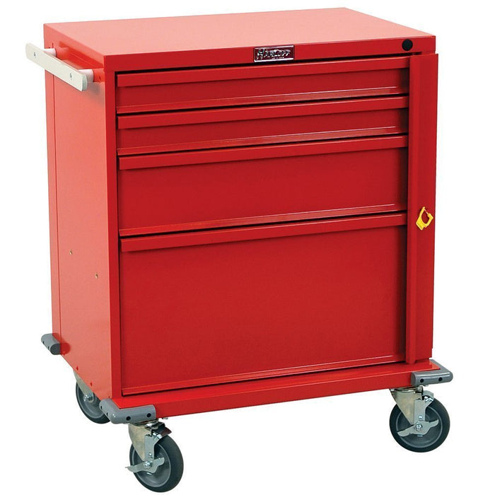 A red metal tool cabinet sits on four wheels. It has four drawers and a large bottom compartment, and a handle on the side.
