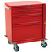 A red metal tool cabinet sits on four wheels. It has four drawers and a large bottom compartment, and a handle on the side.