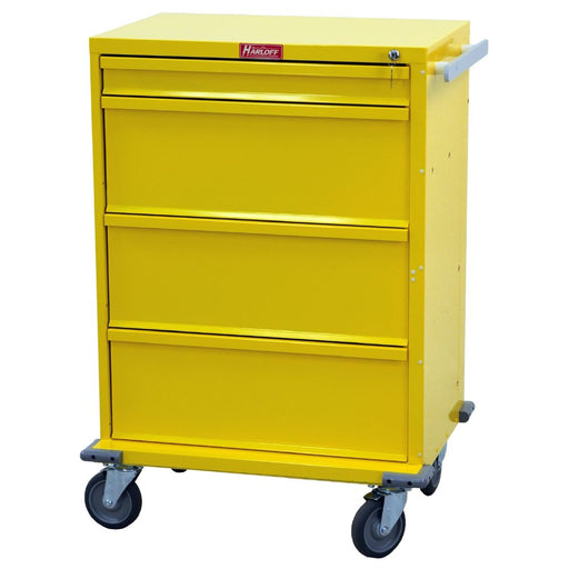 A yellow, four-drawer cart sits on four wheels. The top drawer has a small handle and lock. The brand name "Harloff" is visible.