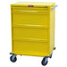 A yellow, four-drawer cart sits on four wheels. The top drawer has a small handle and lock. The brand name "Harloff" is visible.