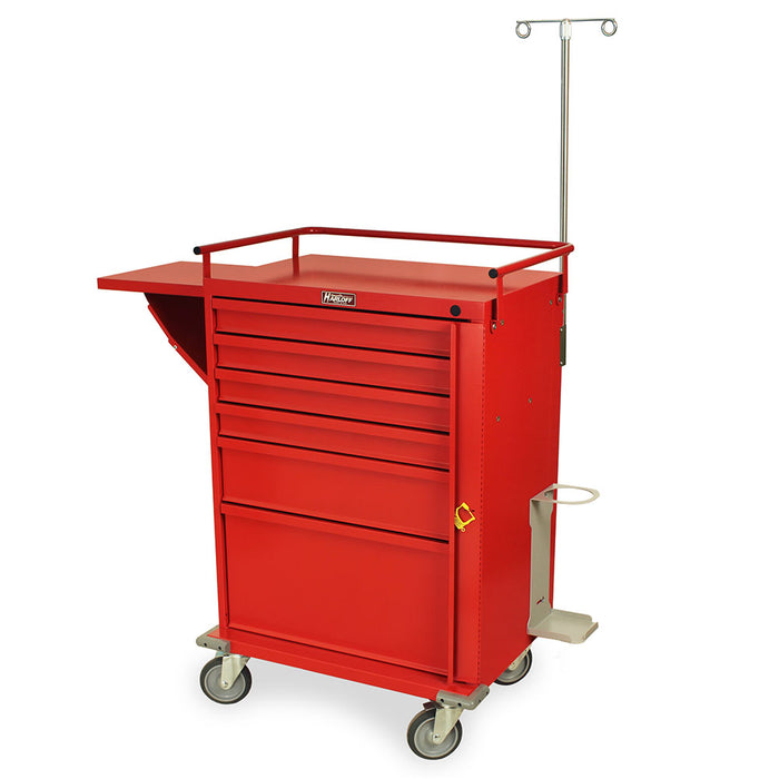 A red metal cart with five drawers and a side shelf stands on wheels; it features an IV pole and cup holder. Harloff is printed on the top drawer.