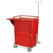 A red metal cart with five drawers and a side shelf stands on wheels; it features an IV pole and cup holder. Harloff is printed on the top drawer.