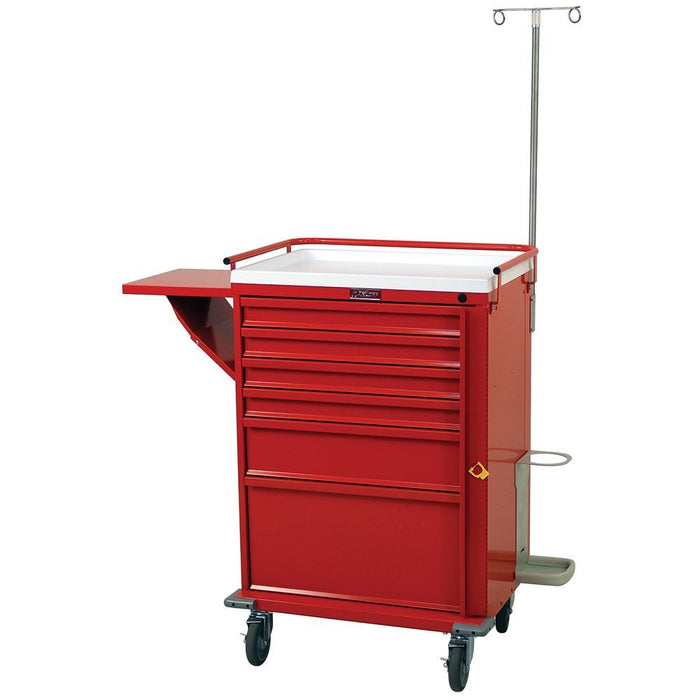 A red medical cart with multiple drawers and a side shelf sits on wheels; an IV pole is attached.
