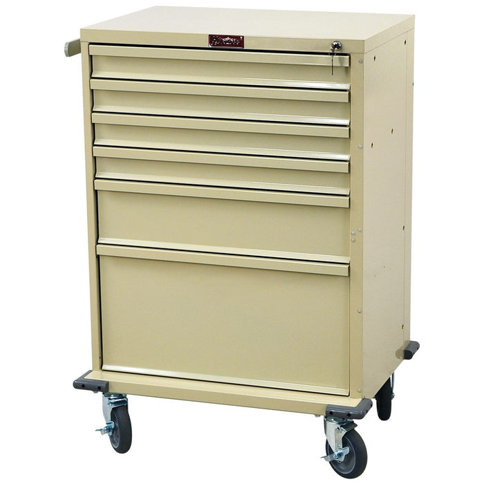 A beige medical cart with six drawers sits on four wheels.
