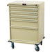 A beige medical cart with six drawers sits on four wheels.
