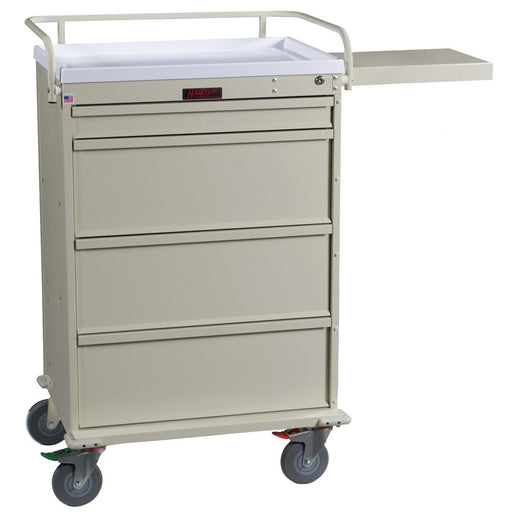 A beige metal cart with four drawers and a side shelf sits on wheels against a white background. The cart's top is white. 